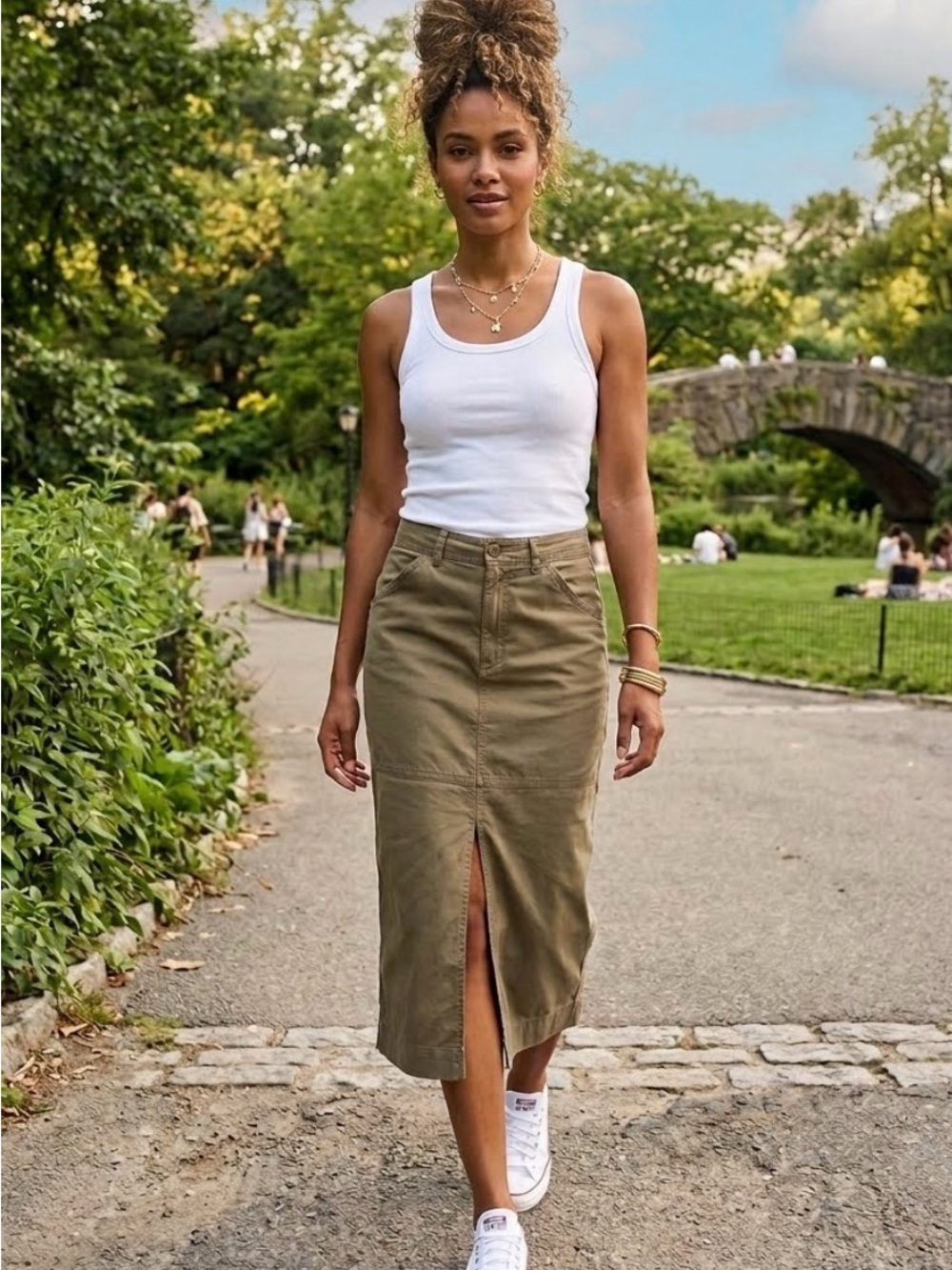 Sanctuary Olive Midi Skirt with Front Slit